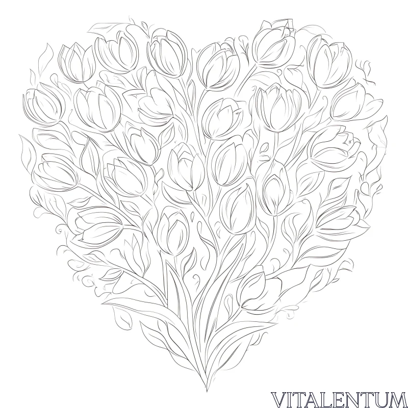 Heart of Tulips in Black and White Line Art AI Image