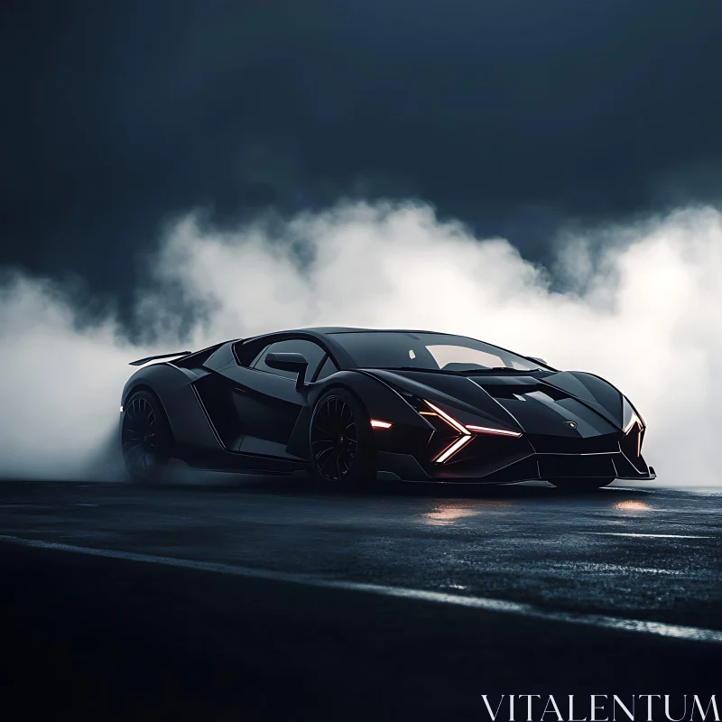 Luxurious Black Supercar in Nighttime Smoke AI Image