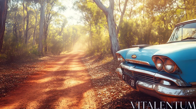 Vintage Car in Sunlit Forest Path AI Image