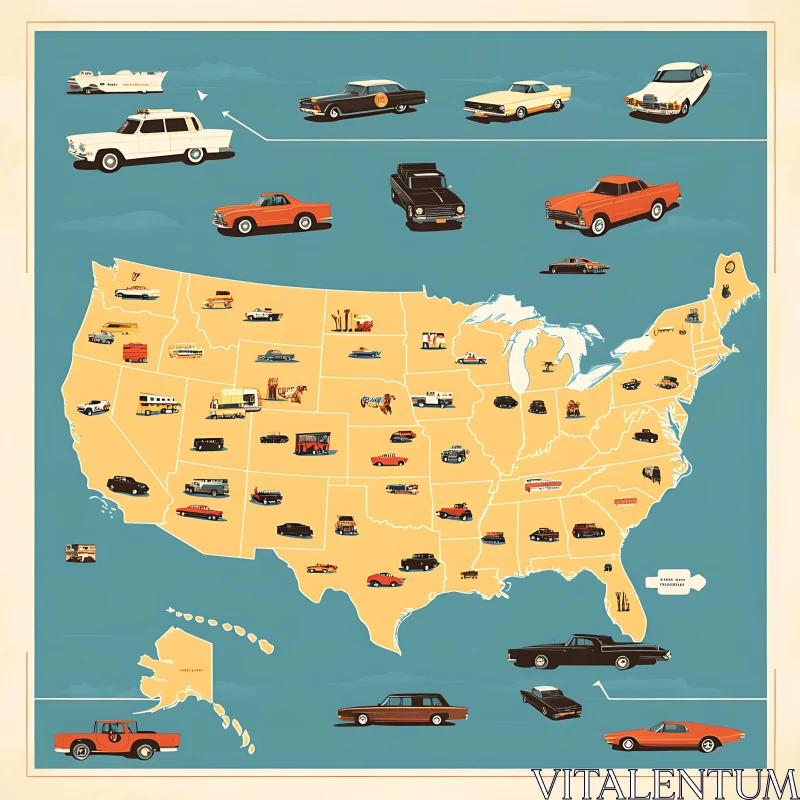 Retro American Car Map Illustration AI Image