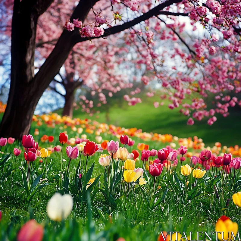 Springtime Garden with Tulips and Blossoming Trees AI Image