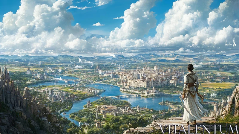 Fantasy City Vista Observed by Warrior AI Image