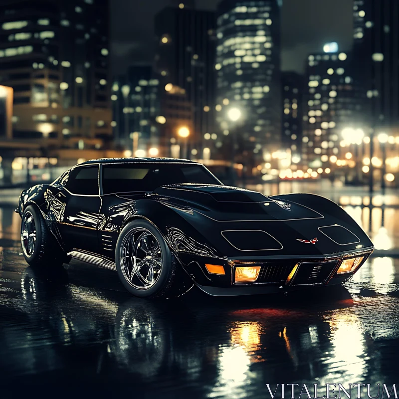 Black Classic Car in Urban Night Scene AI Image