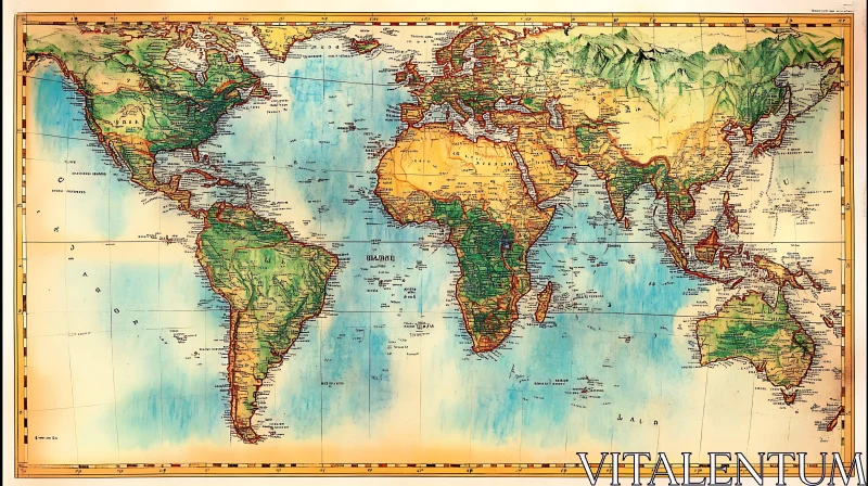 Antique World Map Showing Global Geography AI Image