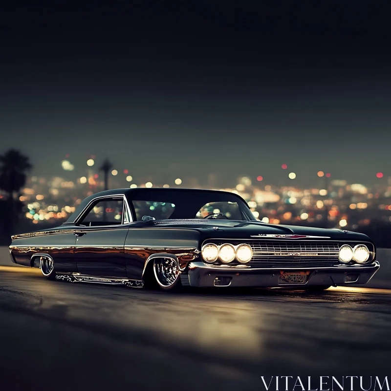 Classic Car with Chrome Details at Night AI Image