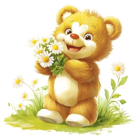 Joyful Bear Holding Flowers Illustration