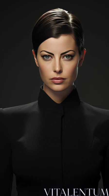 Fashion Artwork: Woman in Black Suit with Blue Eyes AI Image