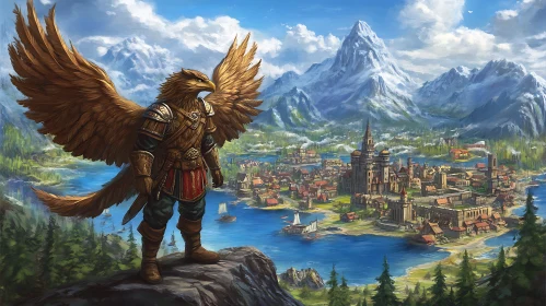 Majestic Eagle Warrior in Scenic Medieval Landscape