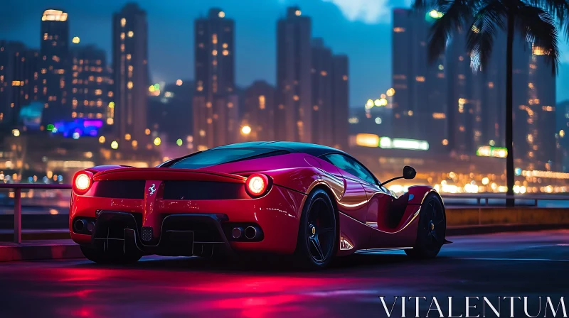 Luxury Red Car in Nightly Urban Setting AI Image