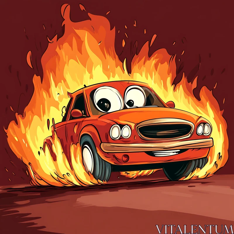 Cartoon Car on Fire Illustration AI Image