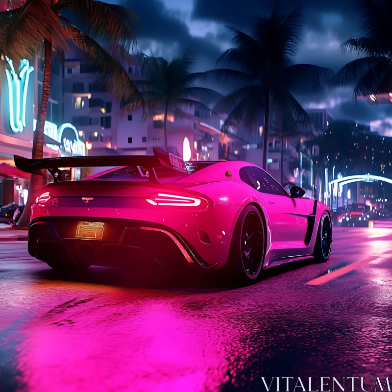 Exotic Car at Night in Neon Lights AI Image