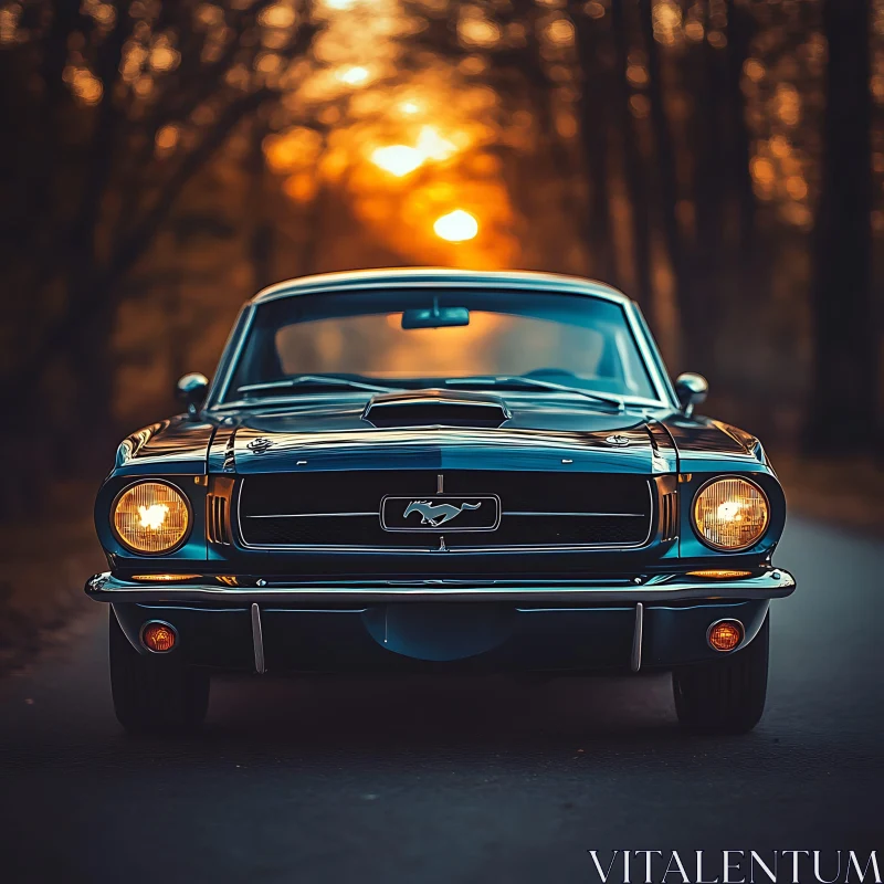 Vintage Mustang Car Amidst Glowing Sunset AI Image