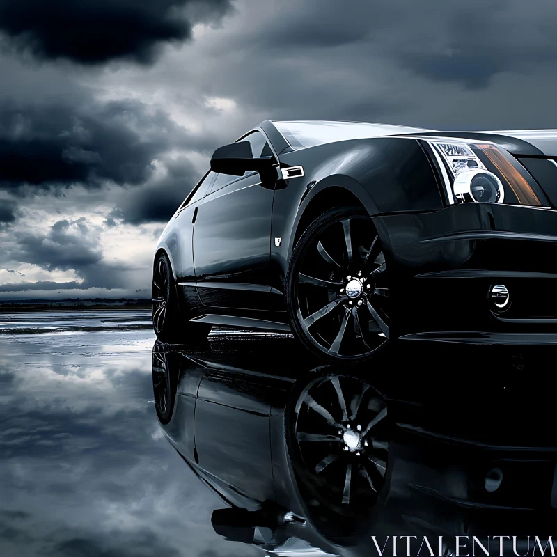 Modern Black Sports Car with Stormy Sky AI Image