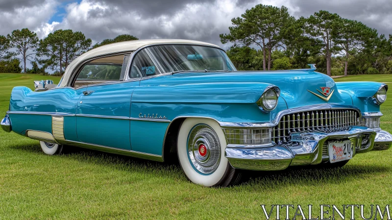 Retro Blue Cadillac Car with Chrome Accents AI Image