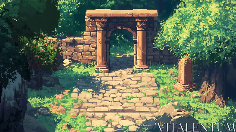 Sunlit Forest Archway with Ancient Ruins AI Image