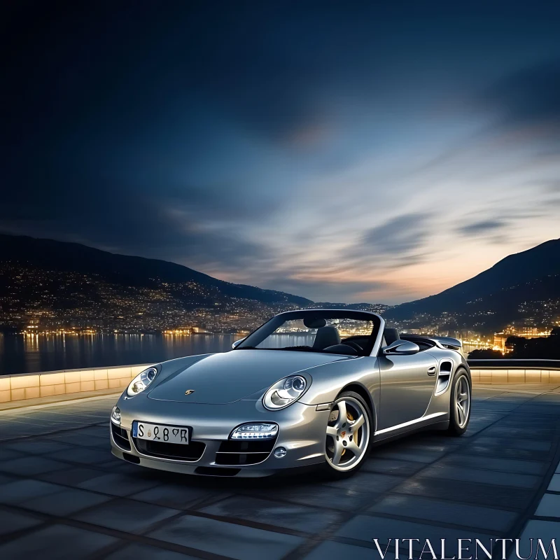 Luxury Convertible Car in a Nighttime Scenic Landscape AI Image