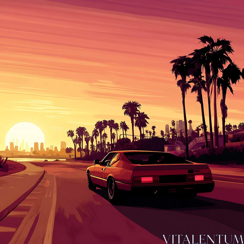 Vintage Car Cruising at Sunset AI Image