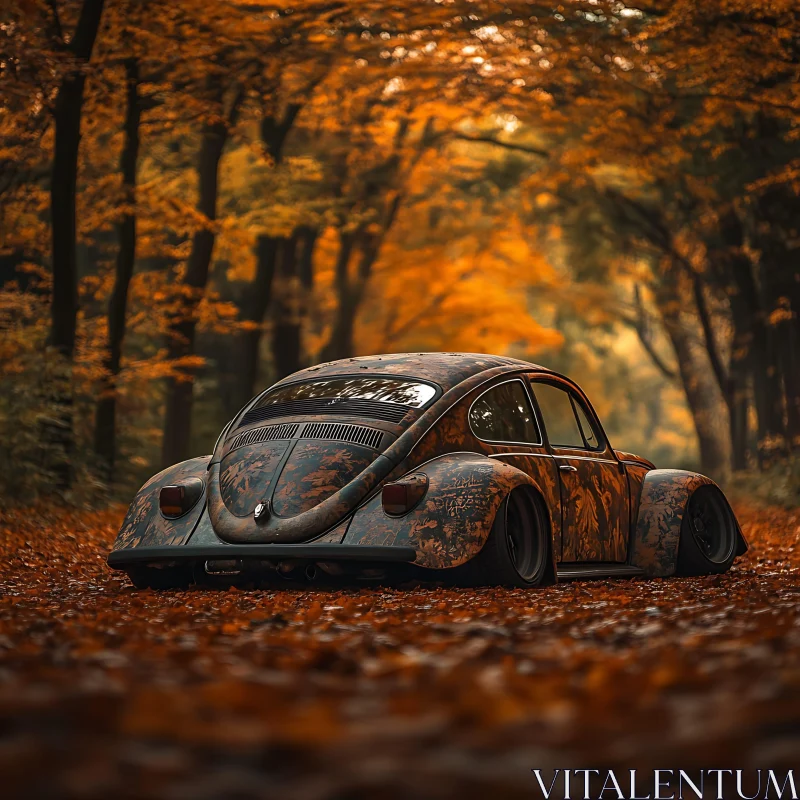 Retro Car Amidst Fall Leaves AI Image