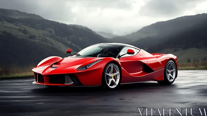 AI ART Luxury Red Sports Car in Mountain Setting