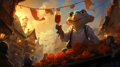 Frog Amidst Autumnal Display - A Lively, Festive Scene