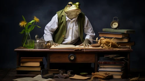Sophisticated Frog Amidst Books: A Tale of Eccentric Creativity