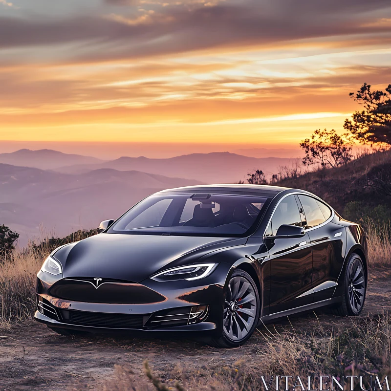 Luxury Electric Car against Majestic Sunset AI Image