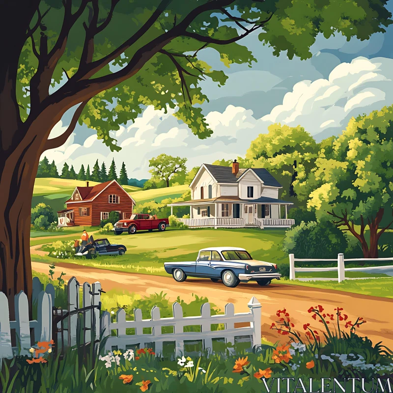 Serene Rural Scene with Classic Vehicles AI Image