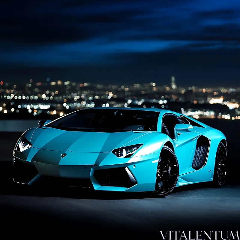 Turquoise Supercar in Urban Night Scene AI Image