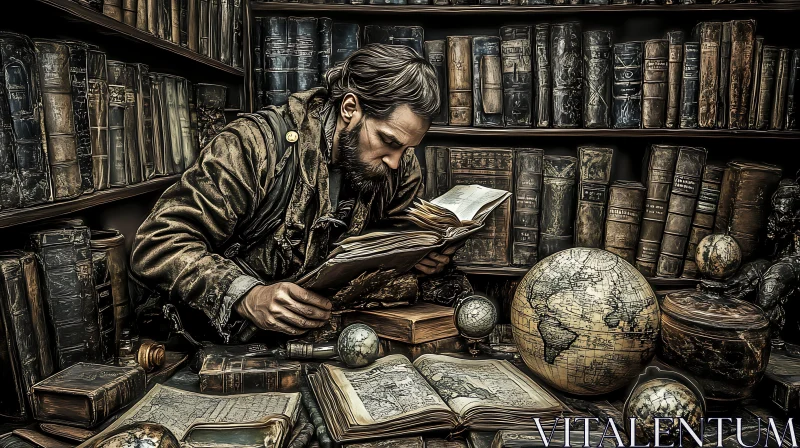 Historical Library Scene with Scholar Reading AI Image