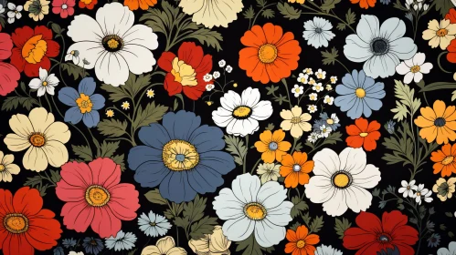 Brightly Colored Flowers on Black Background - Nostalgic Prairie Illustration