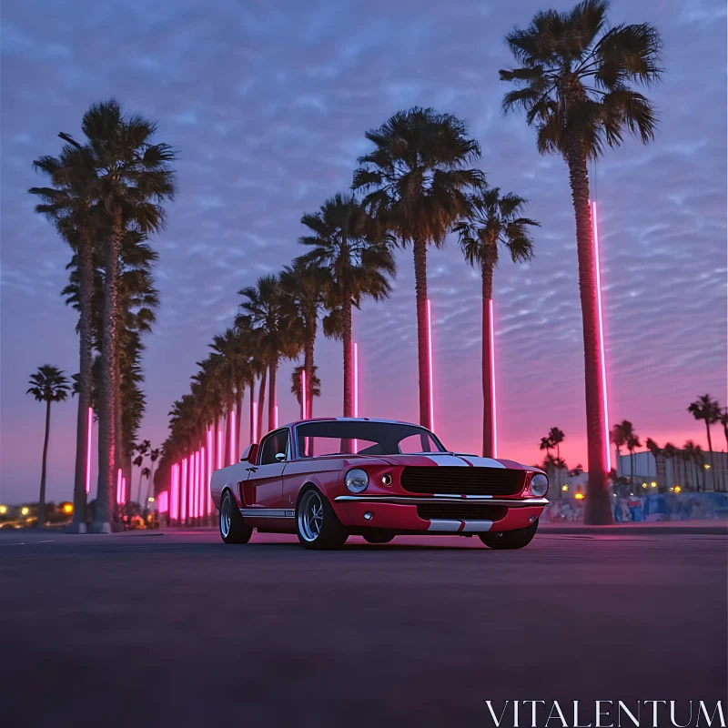 Retro Car and Neon-Lit Palm Trees at Dusk AI Image