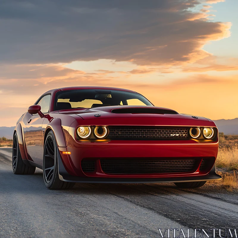 Stunning Red Muscle Car Under Sunset Sky AI Image