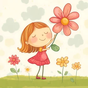 Cheerful Child with Flowers Illustration