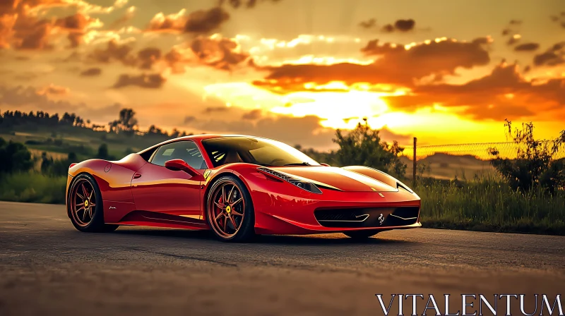 Red Sports Car in Golden Sunset AI Image