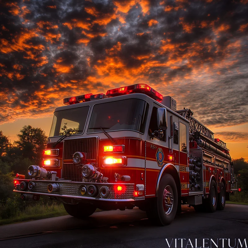 Red Fire Truck During Sunset on Road AI Image