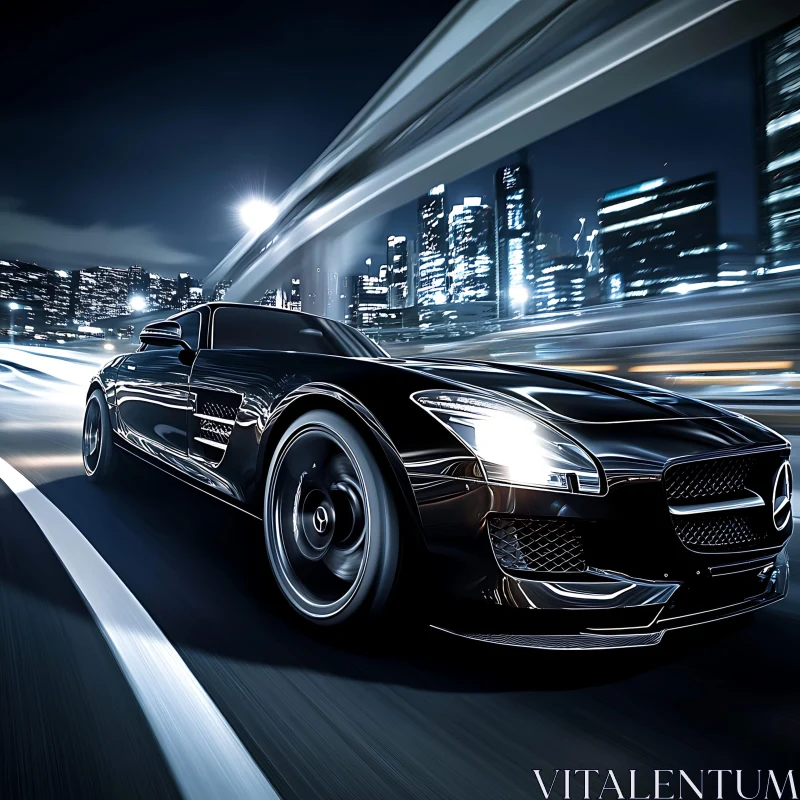 Luxury Black Car Driving Through City at Night AI Image