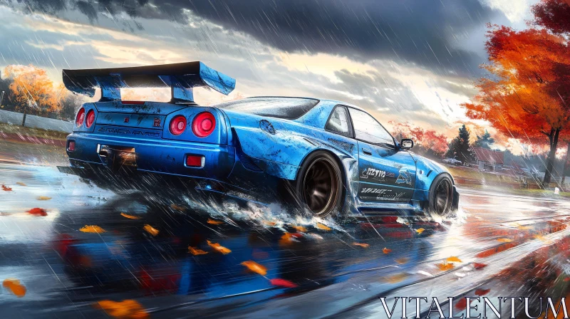 Autumn Rain Drift with Blue Nissan Skyline AI Image