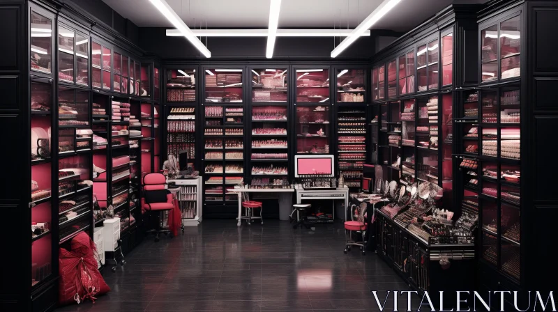 AI ART Immersive Makeup Room with Black Shelves and Pink Accents
