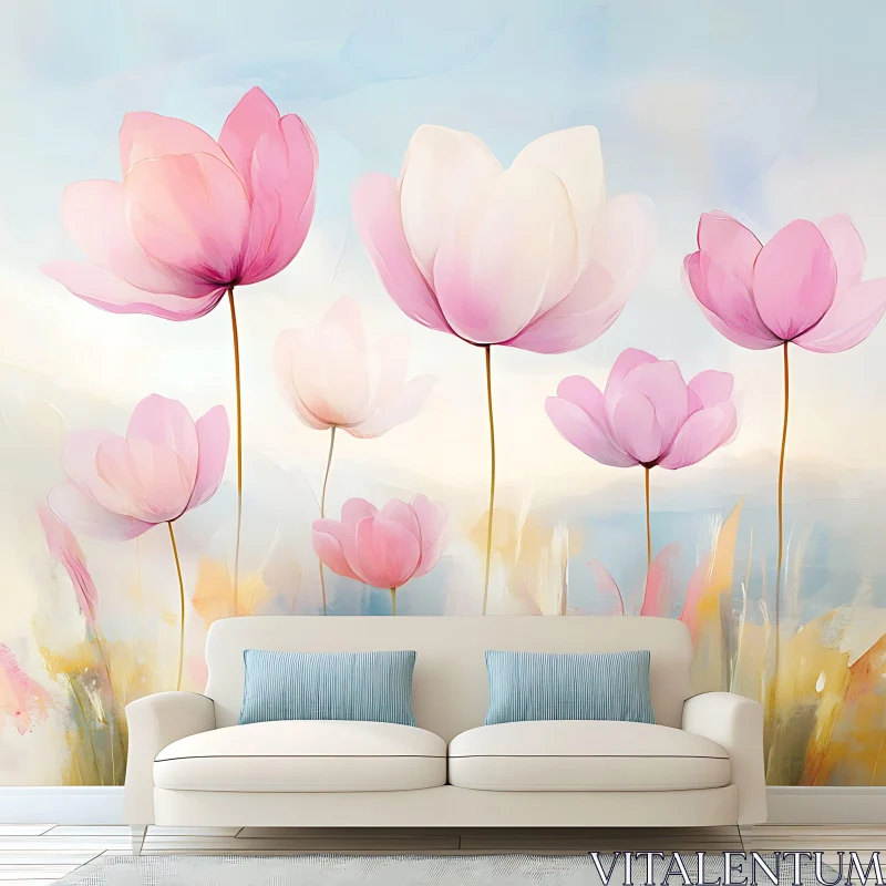 AI ART Pastel Pink and White Floral Artwork in Interior Design