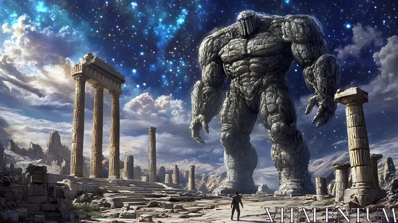 Stone Giant Amid Ancient Ruins at Night AI Image