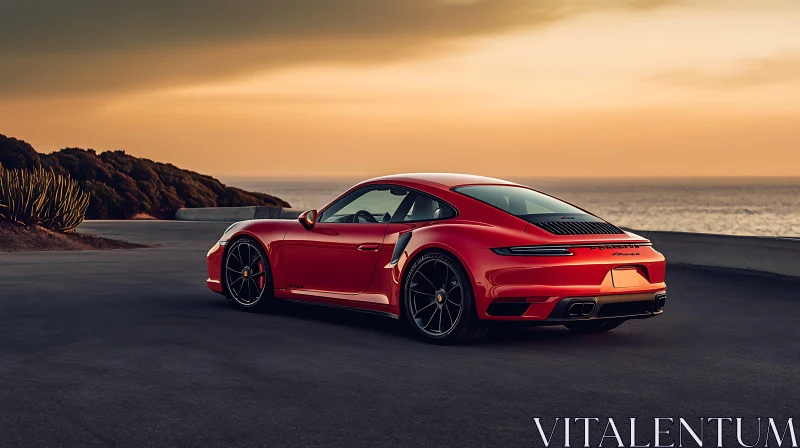 Red Sports Car on Road at Sunset AI Image