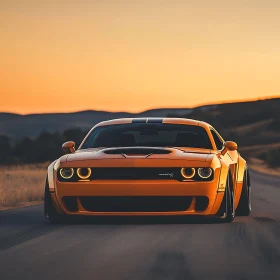 Orange Muscle Car Headlights Sunset