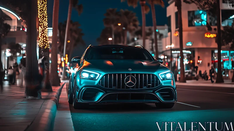 Urban Night Scene with Luxury Car AI Image