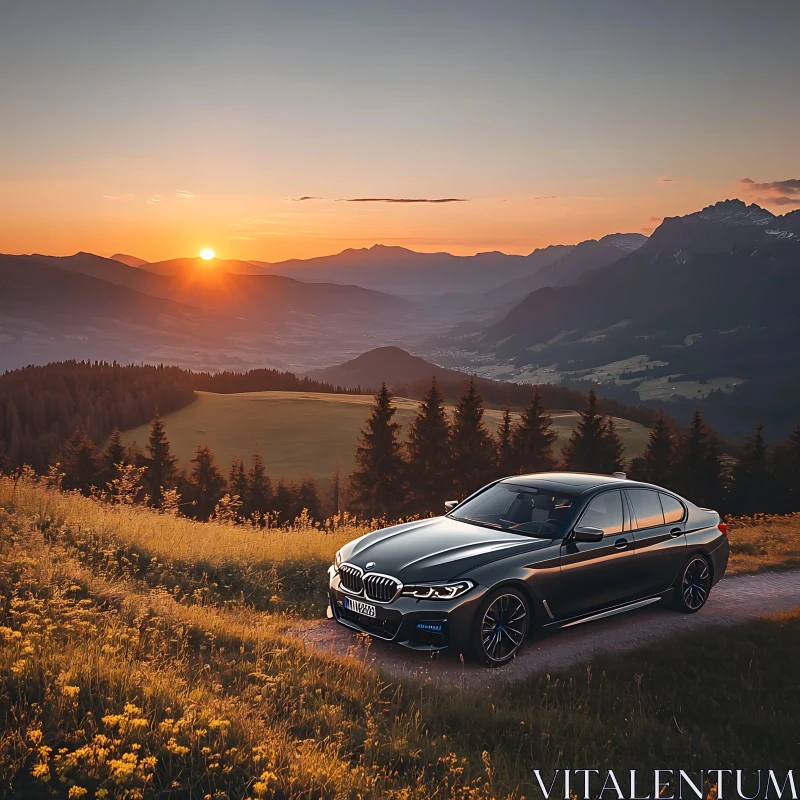 Luxury Car Scenic Sunset AI Image