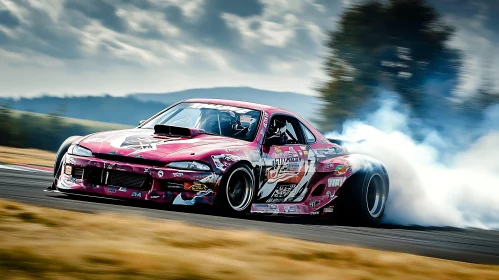 Pink Race Car Drifting and Creating Smoke