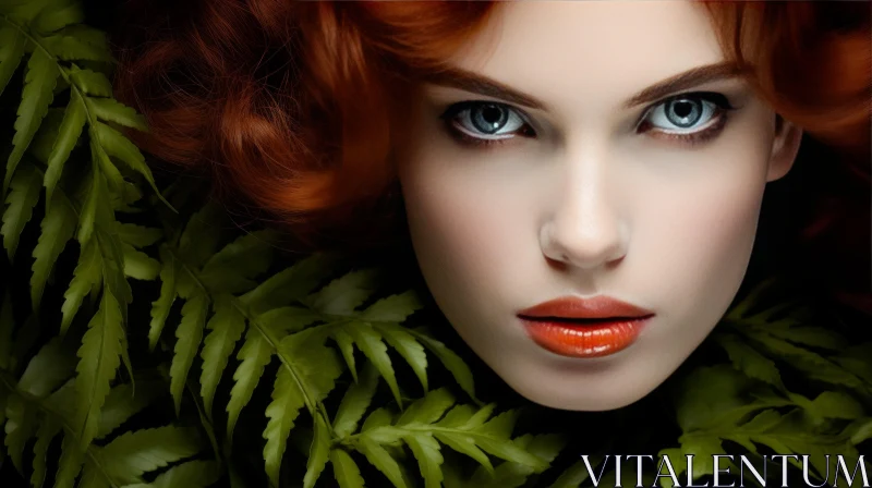 Fiery Red-Haired Woman Surrounded by Lush Ferns - Retro Glamor AI Image