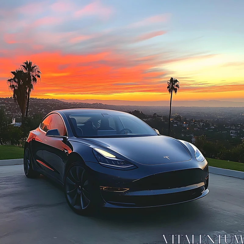 Electric Car with Sunset Cityscape Background AI Image