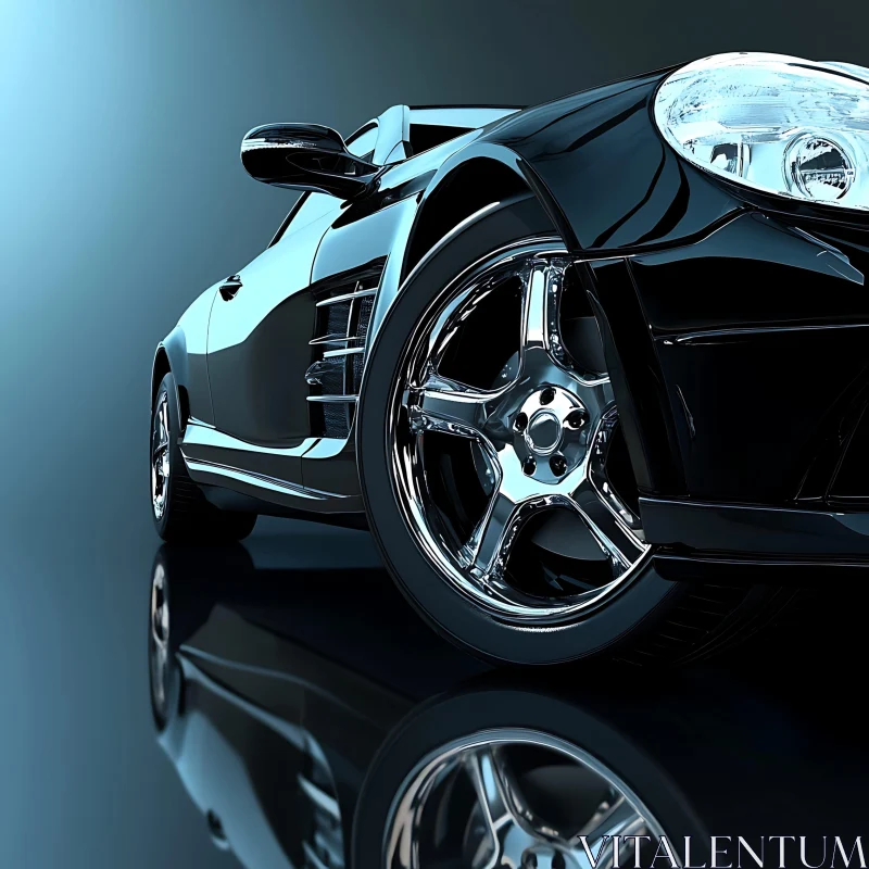 Close-Up of a Luxury Black Car with Chrome Rims AI Image