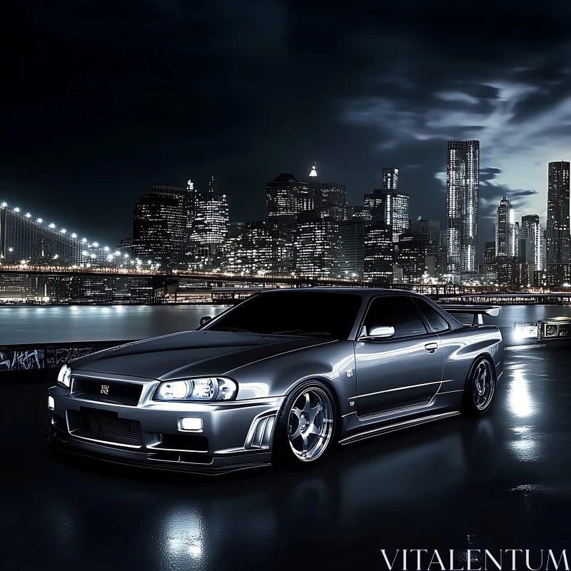 Modern Sports Car with City Skyline at Night AI Image