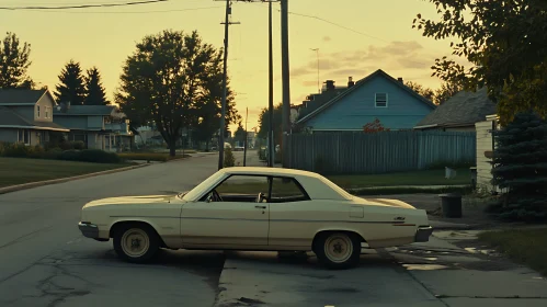 Vintage Car in Peaceful Neighborhood at Sunset